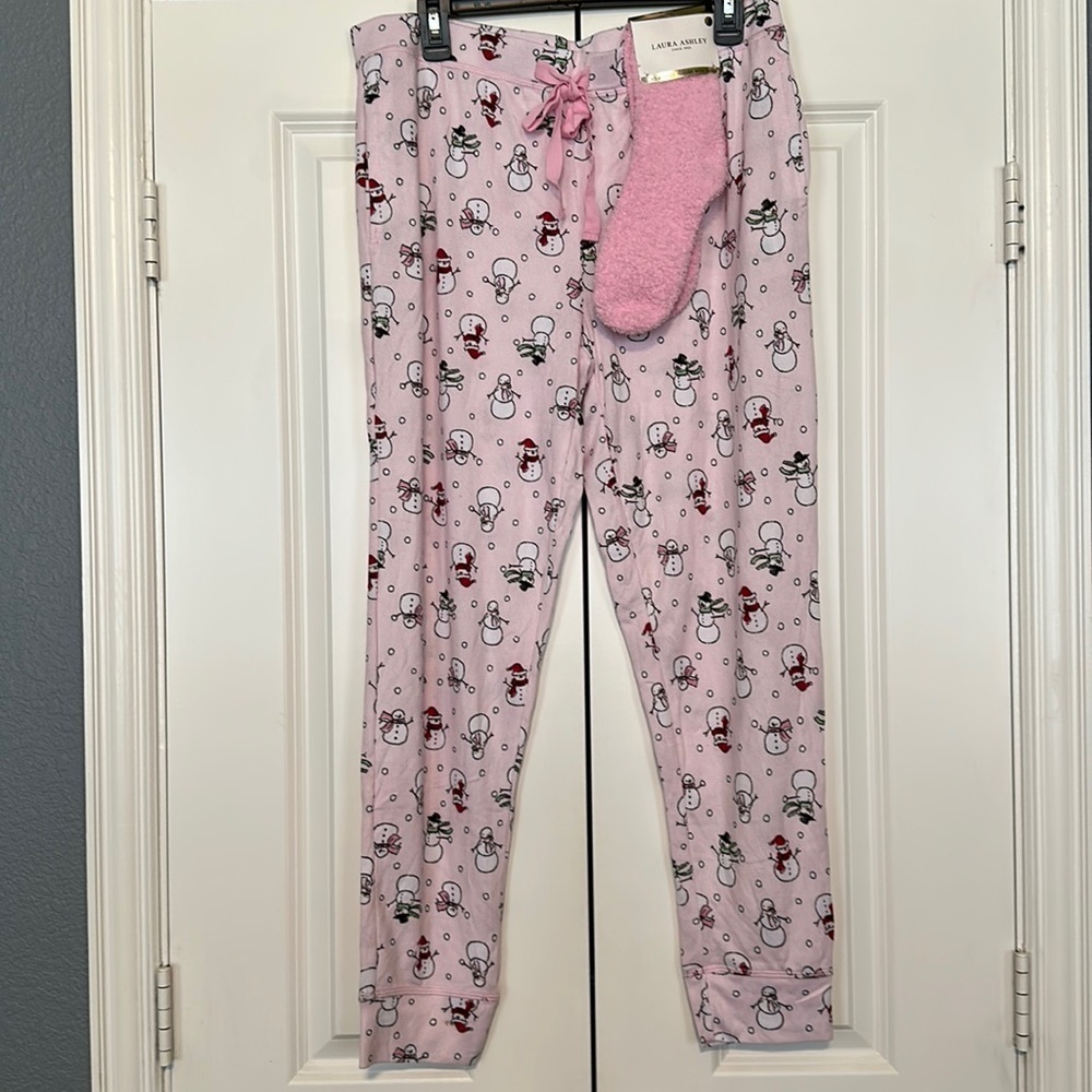 Pink new Pajama Jogger Pants & Socks Christmas Snowman Sz Large pjs